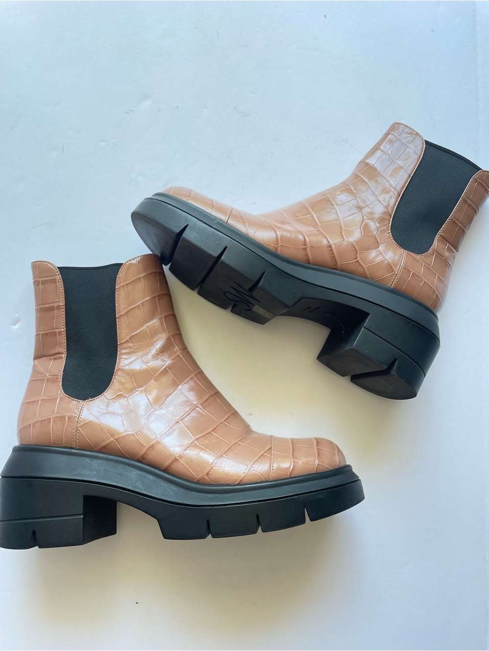 Stuart Weitzman Norah Tan Croc-Embossed Chelsea Lug Boots
